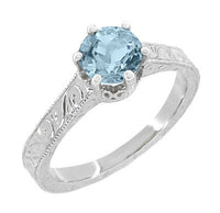 Platinum Art Deco Filigree Scrolls 1 Carat Aquamarine Engraved Crown Engagement Ring