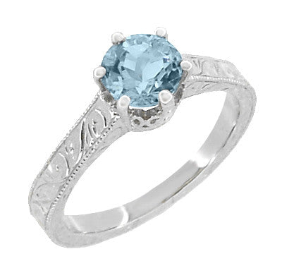 Platinum Art Deco Filigree Scrolls 1 Carat Aquamarine Engraved Crown Engagement Ring