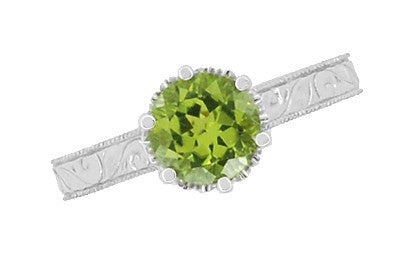 Platinum Engraved Scrolls Art Deco Filigree Crown Solitaire 1.50 Carat Peridot Engagement Ring - Item: R199PPER - Image: 5