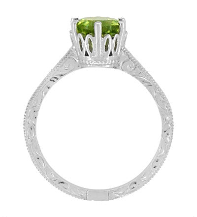 Platinum Engraved Scrolls Art Deco Filigree Crown Solitaire 1.50 Carat Peridot Engagement Ring - Item: R199PPER - Image: 6