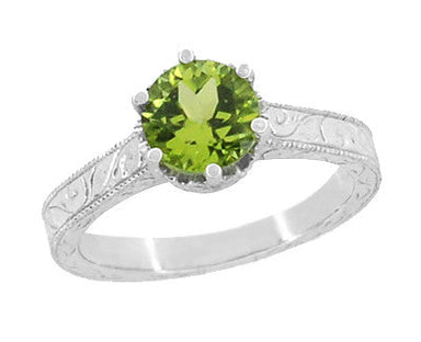 Platinum Engraved Scrolls Art Deco Filigree Crown Solitaire 1.50 Carat Peridot Engagement Ring