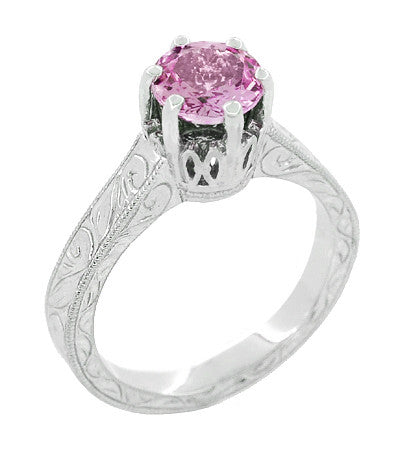 Platinum Scrolls Art Deco Filigree 1 Carat Pink Sapphire Solitaire Crown Engagement Ring - Item: R199PPS - Image: 4