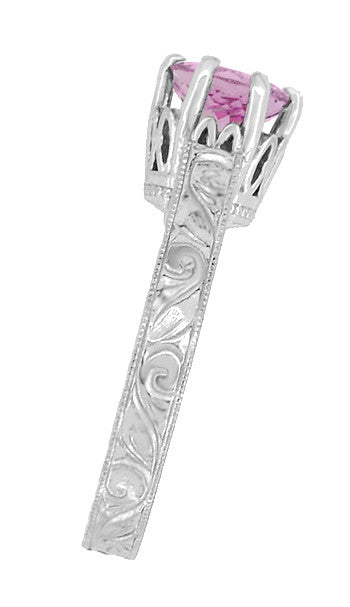 Platinum Scrolls Art Deco Filigree 1 Carat Pink Sapphire Solitaire Crown Engagement Ring - Item: R199PPS - Image: 6