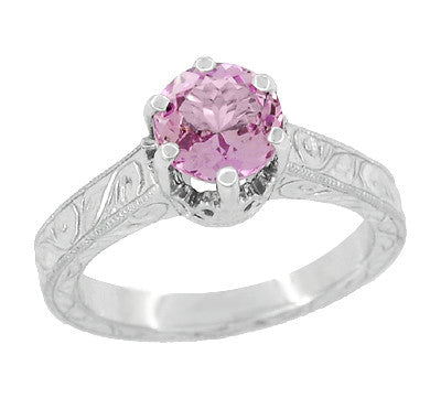 Platinum Scrolls Art Deco Filigree 1 Carat Pink Sapphire Solitaire Crown Engagement Ring - Item: R199PPS - Image: 3