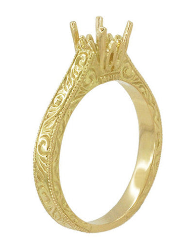 Art Deco Crown Scrolls Filigree 1/3 Carat Ring Setting in 18 or 14 Karat Yellow Gold