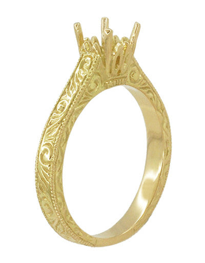 Art Deco Crown Scrolls Filigree 1/3 Carat Ring Setting in 18 or 14 Karat Yellow Gold