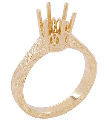 Art Deco Scroll Filigree 1.75 - 2.25 Carat Solitaire Crown Engagement Ring Setting in 14 Karat Rose Gold