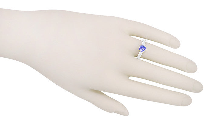 Art Deco Carved Filigree Scrolls Crown Tanzanite Solitaire Engagement Ring in 18 Karat White Gold - Item: R199TA - Image: 7
