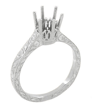 Art Deco 1 Carat Crown Filigree Scrolls Vintage Solitaire Engagement Ring Setting in 14 or 18 Karat White Gold - Mount For a 6.5mm Round - R199W1