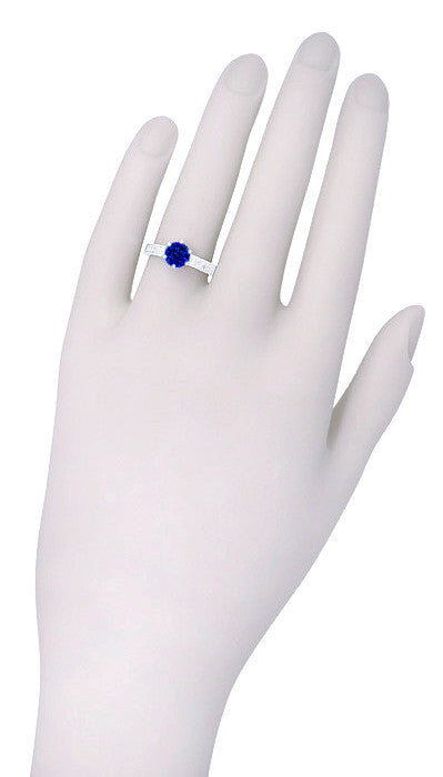 Art Deco Filigree Scrolls 1.5 Carat Blue Sapphire Engraved Solitaire Crown Engagement Ring in 18 Karat White Gold - Item: R199W1S - Image: 6