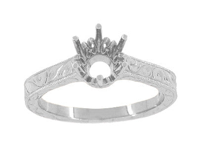 Front of Antique 1920s Art Deco 3/4 Carat 6mm Diamond Crown Ring Setting in White Gold with Side Carved Scrolls Design - R199W75