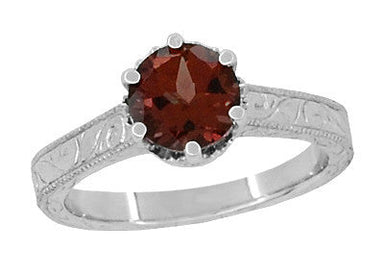 Art Deco Engraved Scrolls 1.5 Carat Almandine Garnet Filigree Crown Solitaire Engagement Ring in 18 Karat White Gold - alternate view