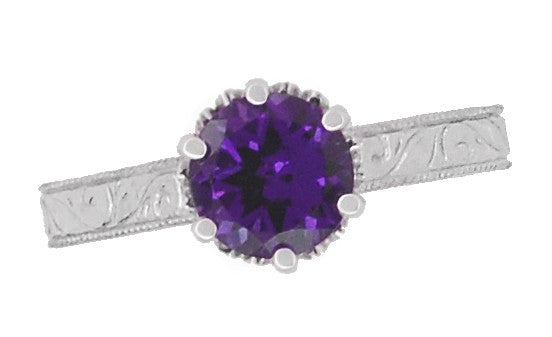 Art Deco Scrolls Regal Filigree Crown Solitaire Amethyst Engagement Ring in 18 Karat White Gold - Item: R199WAM - Image: 6