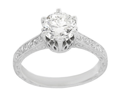 Art Deco Filigree Scrolls Tiara Crown 1.25 Carat Solitaire Diamond Engraved Engagement Ring in White Gold - Item: R199WD125K14-LC - Image: 3