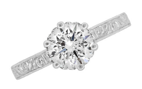 Art Deco Filigree Scrolls Tiara Crown 1.25 Carat Solitaire Diamond Engraved Engagement Ring in White Gold - Item: R199WD125K14-LC - Image: 6