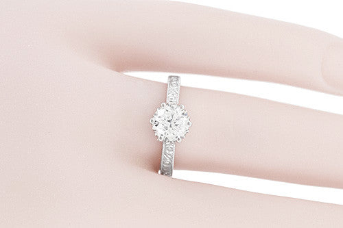 Art Deco Filigree Scrolls Tiara Crown 1.25 Carat Solitaire Diamond Engraved Engagement Ring in White Gold - Item: R199WD125K14-LC - Image: 7