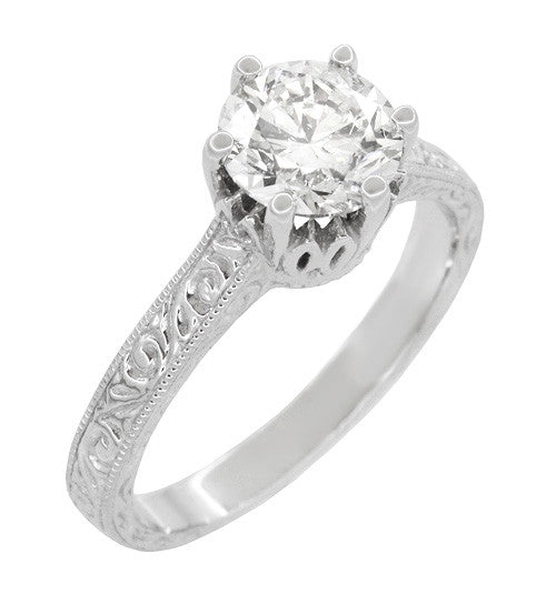 Art Deco Filigree Scrolls Tiara Crown 1.25 Carat Solitaire Diamond Engraved Engagement Ring in White Gold - Item: R199WD125K14-LC - Image: 2