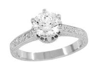 Art Deco Filigree Scrolls Tiara Crown 1.25 Carat Solitaire Diamond Engraved Engagement Ring in White Gold