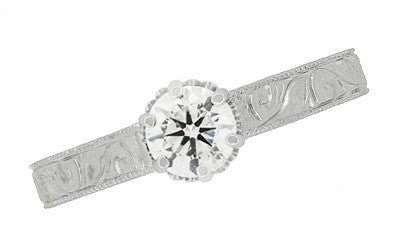 Art Deco Crown Filigree Scrolls Engraved 1/3 Carat Solitaire Diamond Engagement Ring in White Gold - Item: R199WD33K10-LC - Image: 4