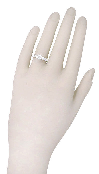 Art Deco Crown Filigree Scrolls Engraved 1/3 Carat Solitaire Diamond Engagement Ring in White Gold - Item: R199WD33K10-LC - Image: 5