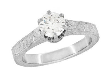 Filigree Scrolls Engraved 1/2 Carat Diamond Art Deco Crown Solitaire Engagement Ring in White Gold