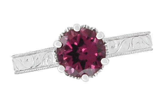 Art Deco Crown Filigree Scrolls 1.5 Carat Rhodolite Garnet Engagement Ring in 18 Karat White Gold - Item: R199WG - Image: 5