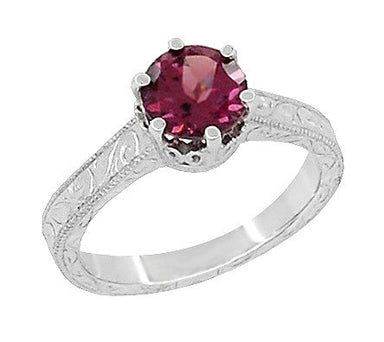 Art Deco Crown Filigree Scrolls 1.5 Carat Rhodolite Garnet Engagement Ring in 18 Karat White Gold - alternate view