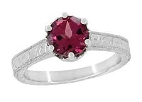 Art Deco Crown Filigree Scrolls 1.5 Carat Rhodolite Garnet Engagement Ring in 18 Karat White Gold