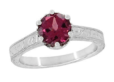 Vintage Solitaire Rhodolite Garnet Engagement Ring - Filigree Crown Setting with Engraved Sides - R199WG