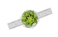 Art Deco Crown Filigree Scrolls Solitaire Peridot Engagement Ring in 18 Karat White Gold