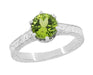 Art Deco Crown Filigree Scrolls Solitaire Peridot Engagement Ring in 18 Karat White Gold