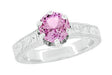 Art Deco Filigree Crown Solitaire 1 Carat Pink Sapphire Engraved Engagement Ring in 18 Karat White Gold