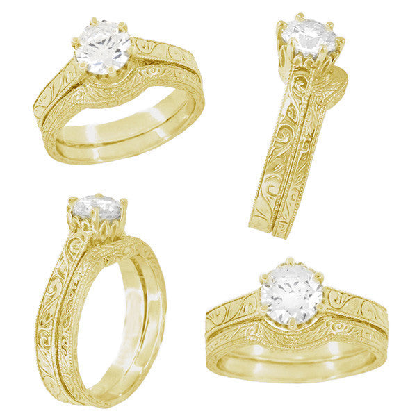 Yellow Gold Vintage Scrolls Art Deco Filigree 1.50 - 1.75 Carat Solitaire Crown Engagement Ring Mounting for a Round Stone - 18K or 14K - Item: R199Y150K14 - Image: 5