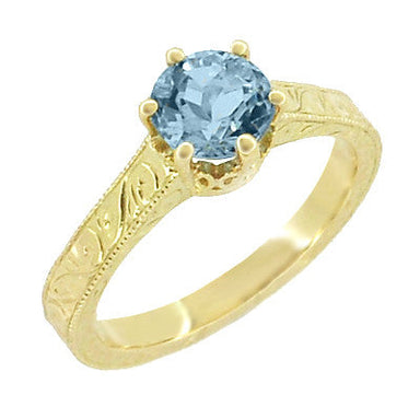 18 Karat Yellow Gold Art Deco Scrolls Filigree Crown 1 Carat Aquamarine Engraved Engagement Ring