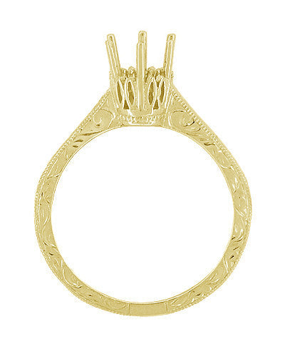 Art Deco Yellow Gold Vintage Carved Filigree Scrolls 1/2 Carat Crown Engagement Ring Setting - Item: R199Y50K14 - Image: 2