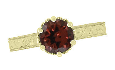 18 Karat Yellow Gold Art Deco Crown Filigree Scrolls 1.5 Carat Almandine Garnet Solitaire Engagement Ring - Item: R199YAG - Image: 5