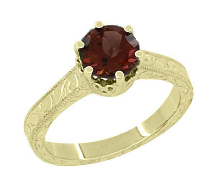 18 Karat Yellow Gold Art Deco Crown Filigree Scrolls 1.5 Carat Almandine Garnet Solitaire Engagement Ring - Item: R199YAG - Image: 2