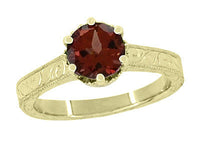 18 Karat Yellow Gold Art Deco Crown Filigree Scrolls 1.5 Carat Almandine Garnet Solitaire Engagement Ring