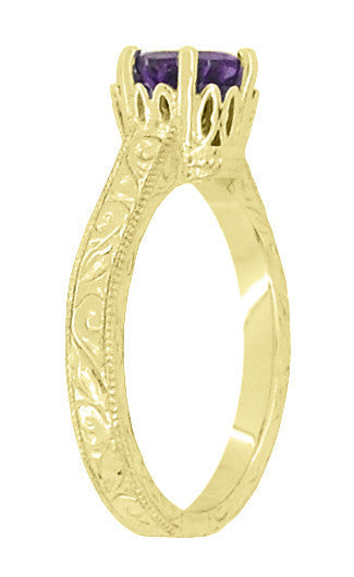 Art Deco Carved Scrolls Filigree Crown Solitaire Amethyst Engagement Ring in 18 Karat Yellow Gold - Item: R199YAM - Image: 3