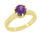 Art Deco Carved Scrolls Filigree Crown Solitaire Amethyst Engagement Ring in 18 Karat Yellow Gold