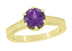 Art Deco Carved Scrolls Filigree Crown Solitaire Amethyst Engagement Ring in 18 Karat Yellow Gold
