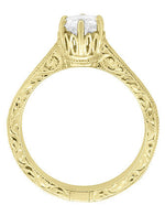 Art Deco Yellow Gold Filigree Scroll Engraved Crown 1/2 Carat Solitaire Diamond Engagement Ring