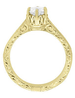Art Deco Yellow Gold Filigree Scroll Engraved Crown 1/2 Carat Solitaire Diamond Engagement Ring