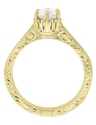 Art Deco Yellow Gold Filigree Scroll Engraved Crown 1/2 Carat Solitaire Diamond Engagement Ring