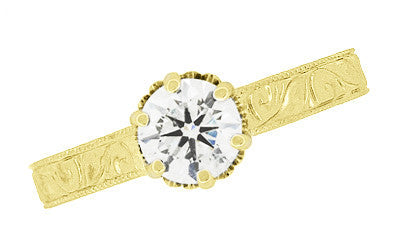 Art Deco Yellow Gold Filigree Scroll Engraved Crown 1/2 Carat Solitaire Diamond Engagement Ring - Item: R199YD50K14-LC - Image: 5
