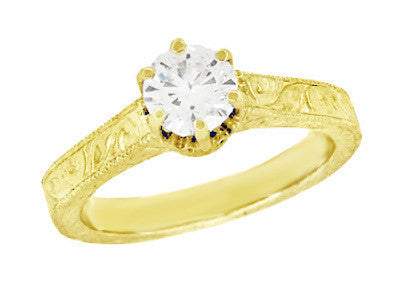 Art Deco Yellow Gold Filigree Scroll Engraved Crown 1/2 Carat Solitaire Diamond Engagement Ring - Item: R199YD50K14-LC - Image: 2