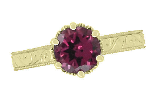 18 Karat Yellow Gold Art Deco Filigree Crown Solitaire 1.5 Carat Rhodolite Garnet Engagement Ring - Item: R199YG - Image: 5