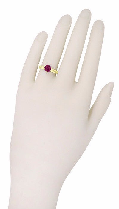 18 Karat Yellow Gold Art Deco Filigree Crown Solitaire 1.5 Carat Rhodolite Garnet Engagement Ring - Item: R199YG - Image: 6