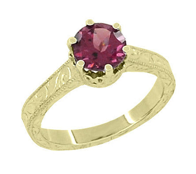 18 Karat Yellow Gold Art Deco Filigree Crown Solitaire 1.5 Carat Rhodolite Garnet Engagement Ring - alternate view