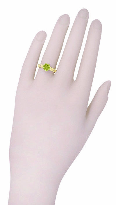 Art Deco Crown Filigree Scrolls 1.25 Carat Peridot Engagement Ring in 18 Karat Yellow Gold - Item: R199YPER - Image: 7